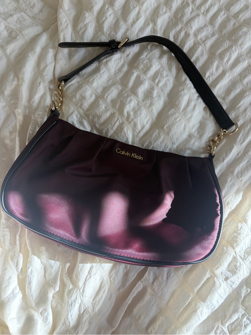 Calvin Klein Satin Shoulder Bag in Plum with Black Trim
